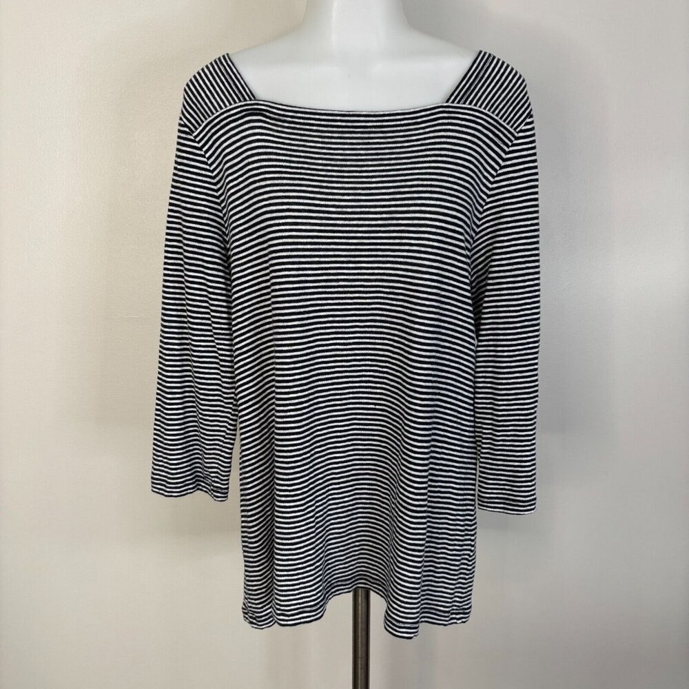 Foil Top Large‎ Navy Blue White Striped 100% Linen Square Neck 3/4 Sleeve Shirt